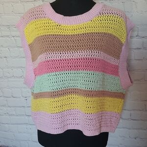 Multi Color Size Medium Striped Crochet Knit Sleeveless Retro Cropped Sweater